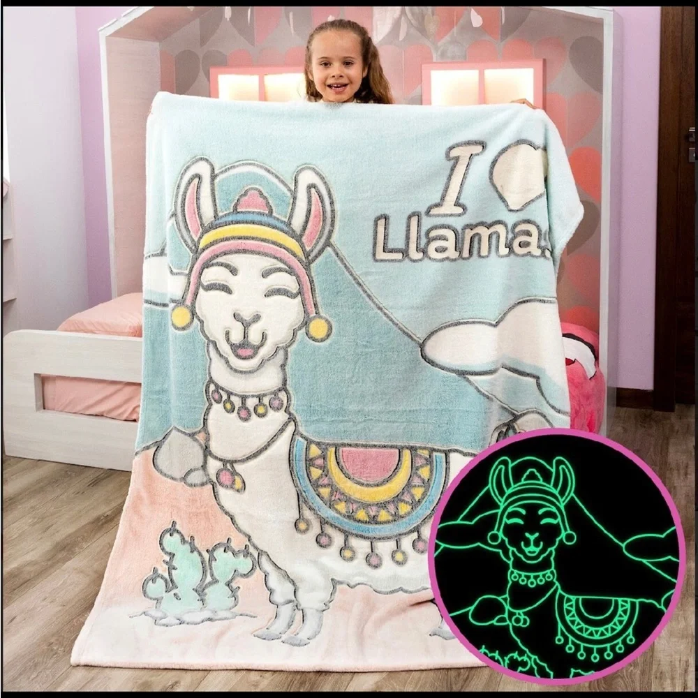 Glow in the Dark Blanket Llama Colorful Soft 50 x 60 inches Fun Sleep Time NEW